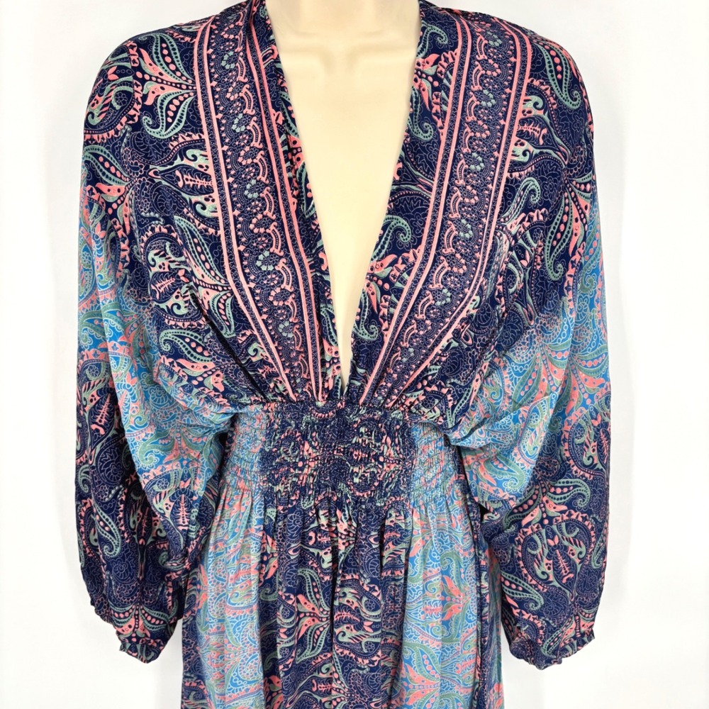 Addictive Silk Blend Paisley Maxi Dress Blue Pink Boho Smocked V-Neck NWT